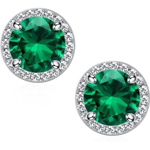 May 18k White Gold Emerald Birthstone Diamond Halo Stud Earrings S925 Gem Gift - Picture 1 of 5